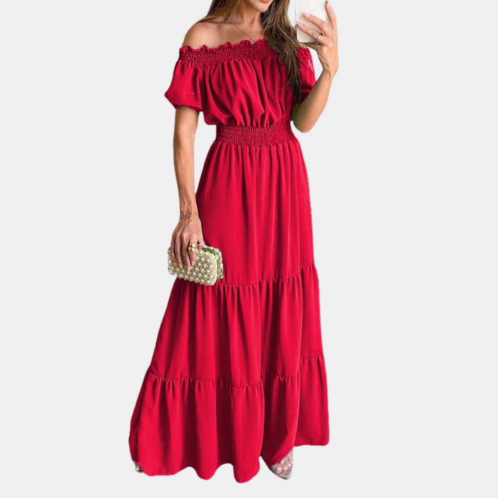 CM | Maxivestido de mujer - Sin hombros - Diseño en capas - Cintura elástica - Mangas cortas