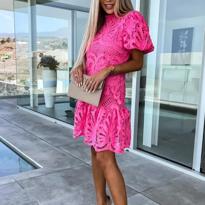 CM | Blusa de encaje, manga globo corta, línea A
