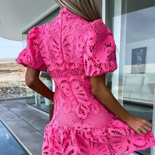 CM | Blusa de encaje, manga globo corta, línea A
