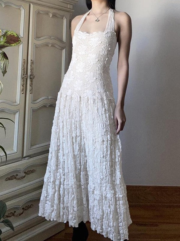 CM | Blanco Encaje Floral Halter Maxi Vestido