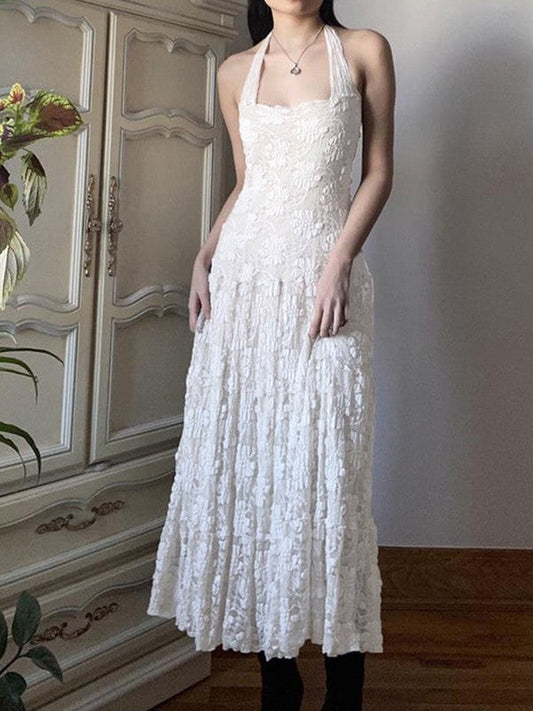 CM | Blanco Encaje Floral Halter Maxi Vestido
