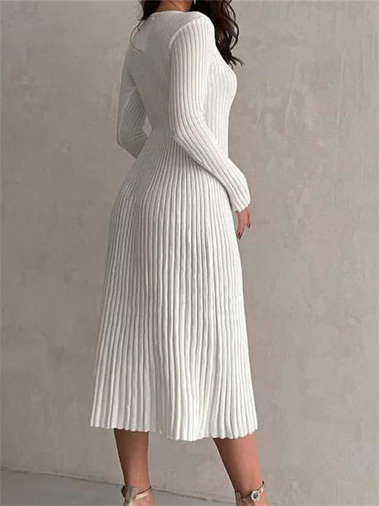 CM | acanalado manga larga slim fit sólido otoño vestido midi