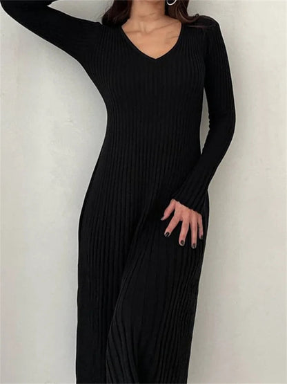 CM | acanalado manga larga slim fit sólido otoño vestido midi