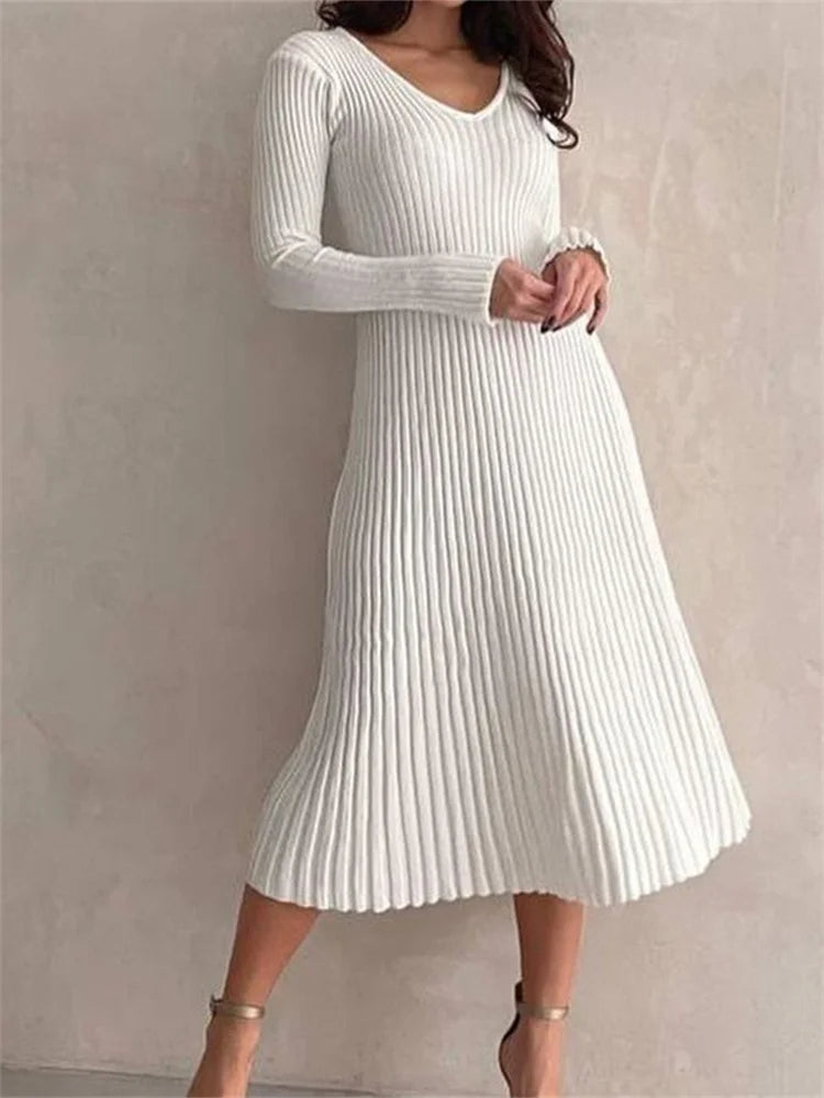 CM | acanalado manga larga slim fit sólido otoño vestido midi