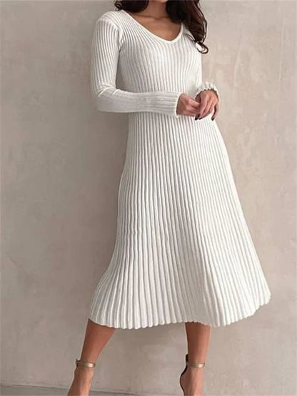 CM | acanalado manga larga slim fit sólido otoño vestido midi