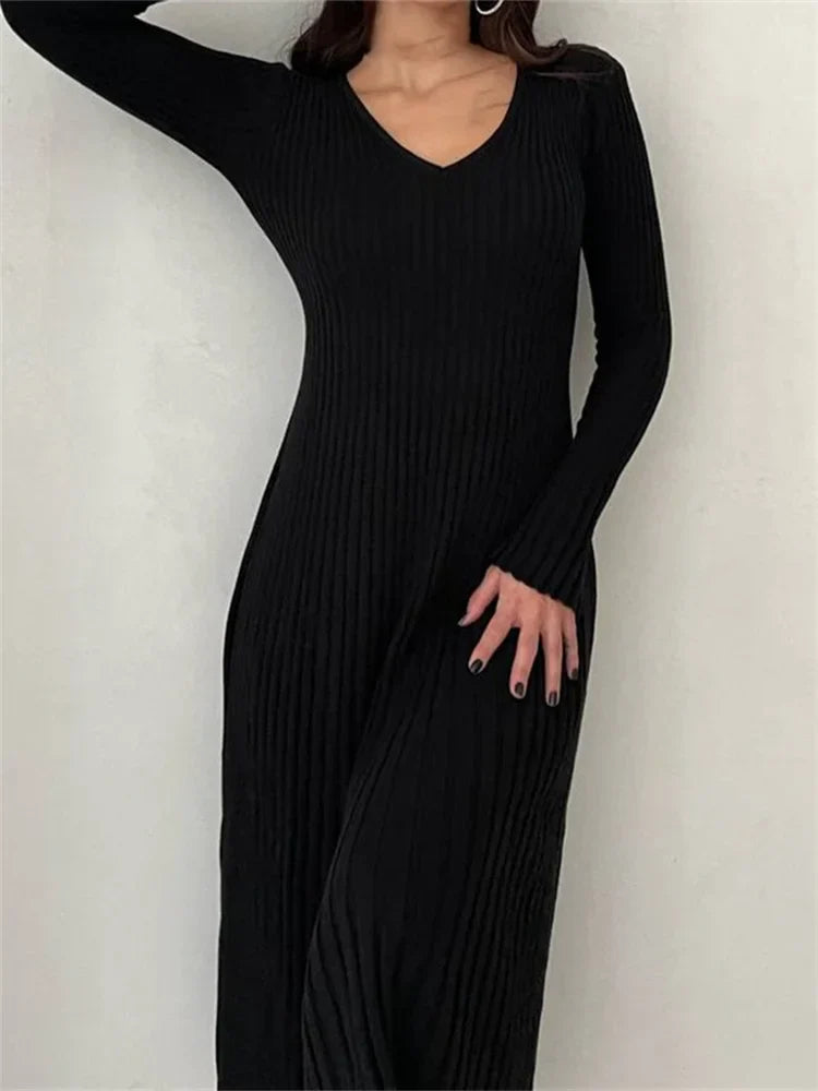 CM | acanalado manga larga slim fit sólido otoño vestido midi