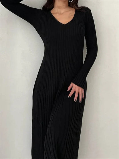 CM | acanalado manga larga slim fit sólido otoño vestido midi