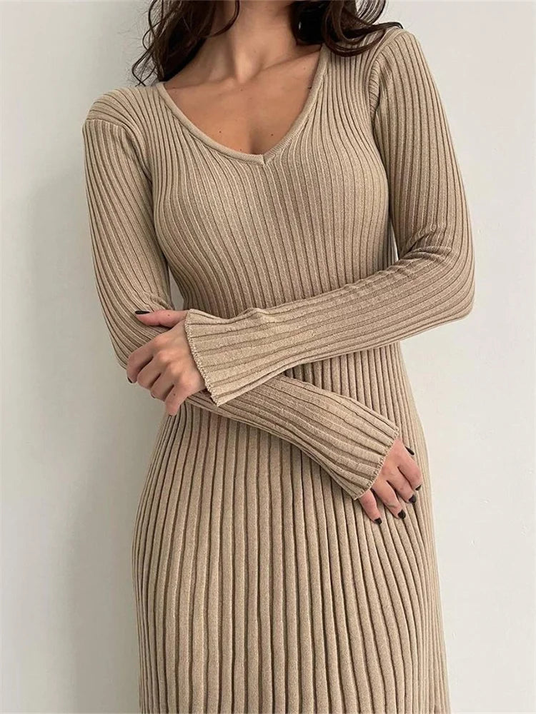 CM | acanalado manga larga slim fit sólido otoño vestido midi