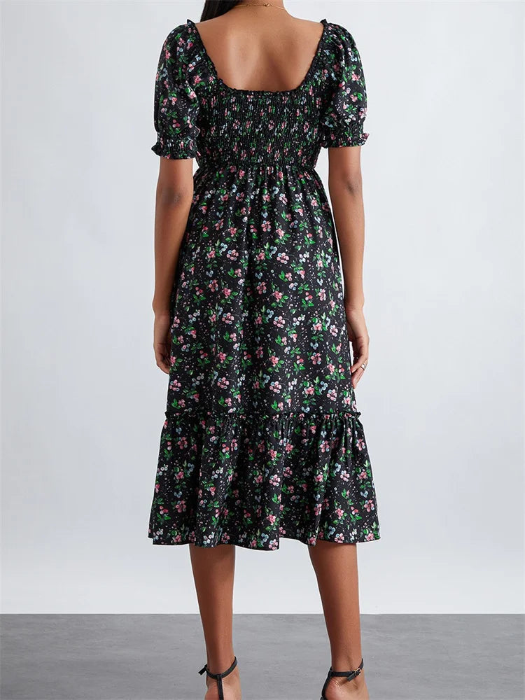 CM | Verano Estampado Floral Cuello Cuadrado Manga Corta Volantes Vestido Midi