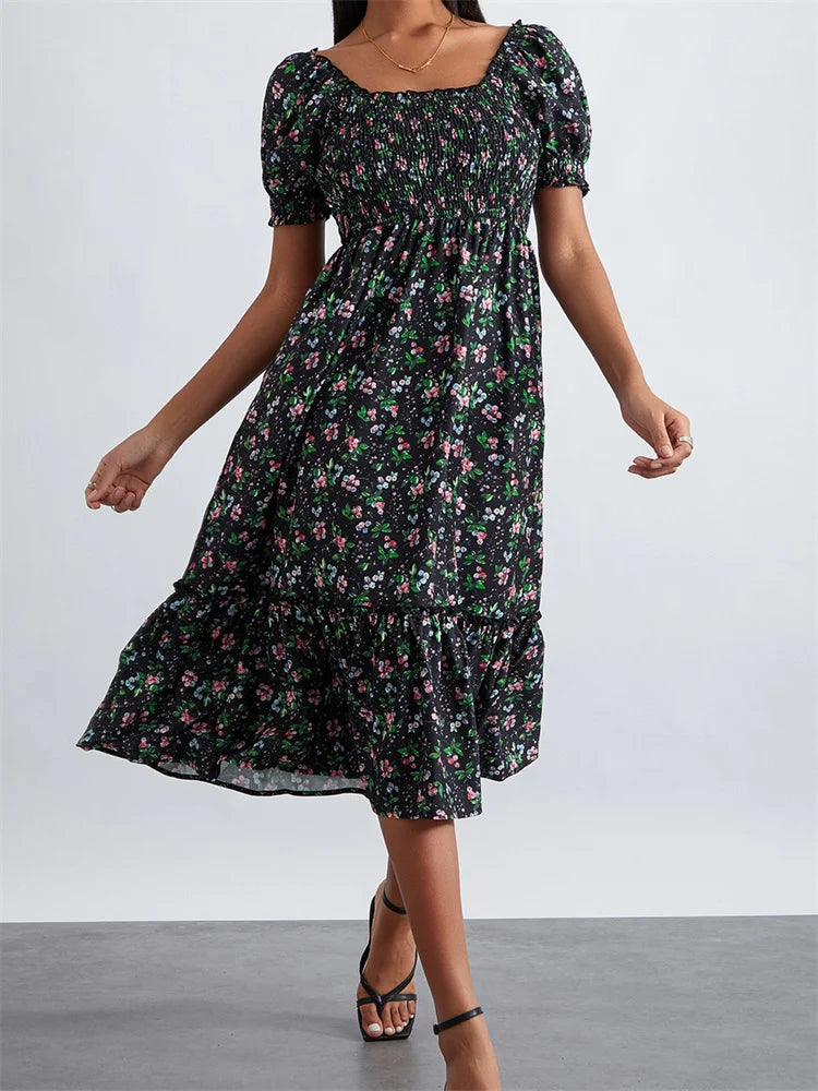 CM | Verano Estampado Floral Cuello Cuadrado Manga Corta Volantes Vestido Midi