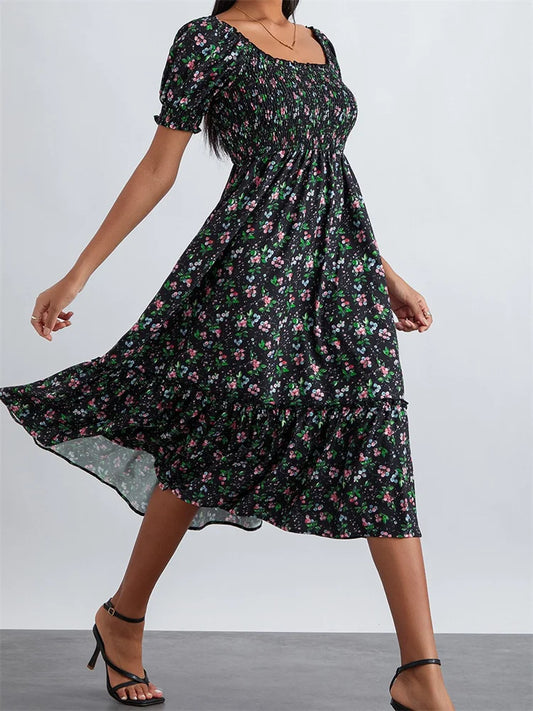 CM | Verano Estampado Floral Cuello Cuadrado Manga Corta Volantes Vestido Midi