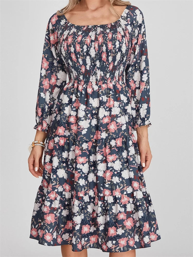 CM | Bohemian Floral Print Vestido Midi Manga Larga con Cintura Alta en A-Line