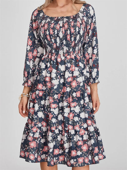 CM | Bohemian Floral Print Vestido Midi Manga Larga con Cintura Alta en A-Line