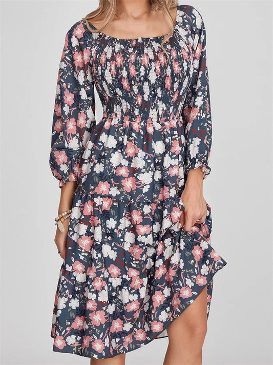 CM | Bohemian Floral Print Vestido Midi Manga Larga con Cintura Alta en A-Line