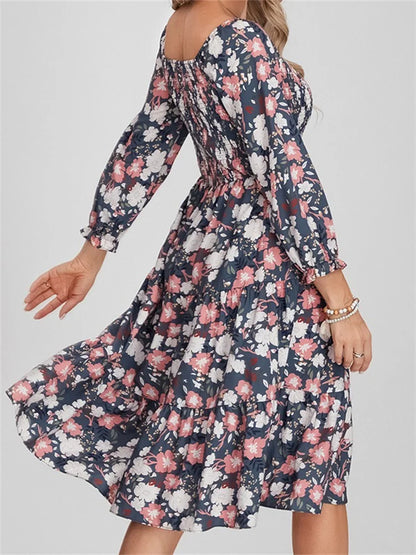 CM | Bohemian Floral Print Vestido Midi Manga Larga con Cintura Alta en A-Line