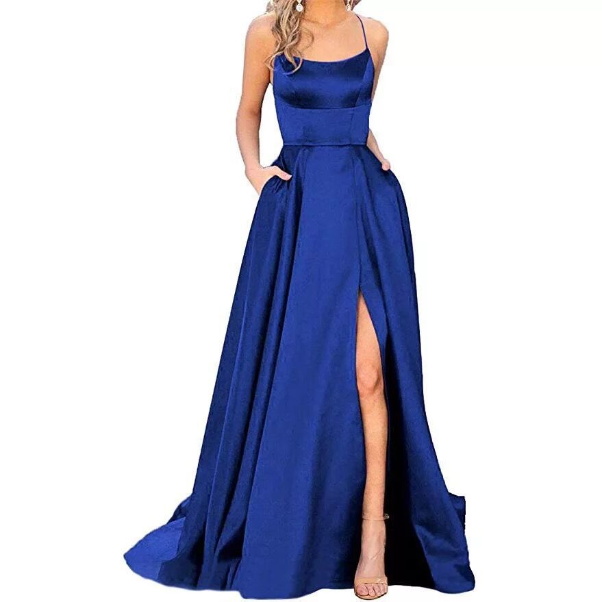CM | Maxivestido de mujer - Top entallado - Falda fluida - Tirantes finos - Abertura lateral