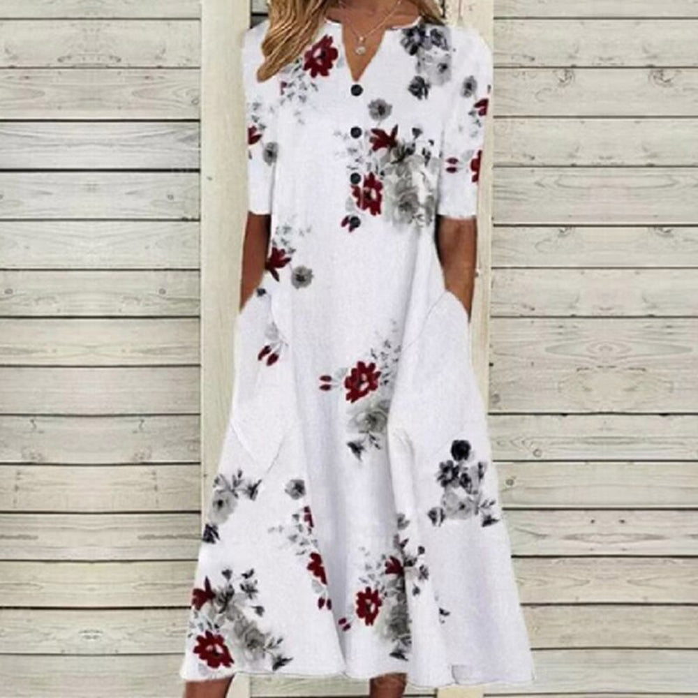 CM | Vestido midi de mujer - cuello de pico - tapeta de botones - manga corta - estampado floral de mariposas - bolsillos