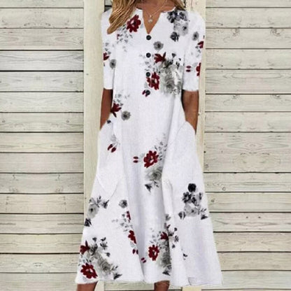 CM | Vestido midi de mujer - cuello de pico - tapeta de botones - manga corta - estampado floral de mariposas - bolsillos