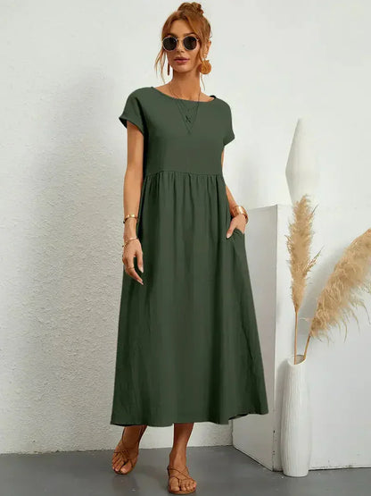 CM | Vestido largo de mujer - Corte relajado - Mangas cortas - Cintura fruncida - Mezcla transpirable