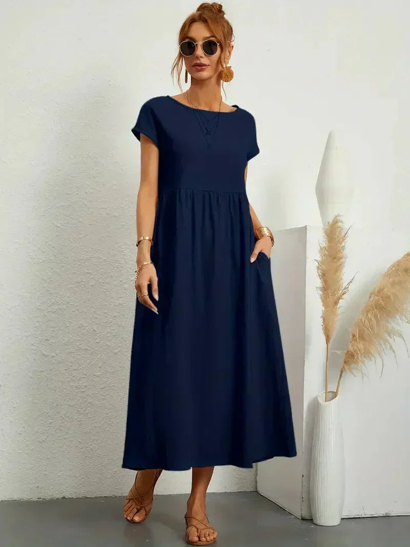 CM | Vestido largo de mujer - Corte relajado - Mangas cortas - Cintura fruncida - Mezcla transpirable