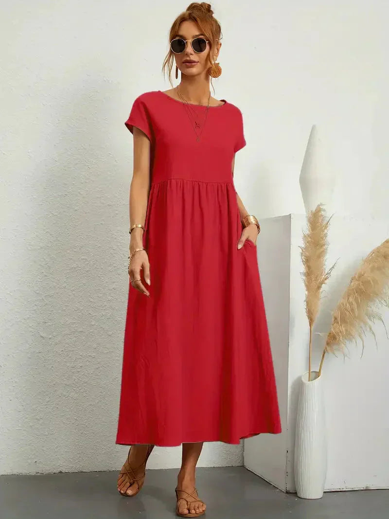 CM | Vestido largo de mujer - Corte relajado - Mangas cortas - Cintura fruncida - Mezcla transpirable