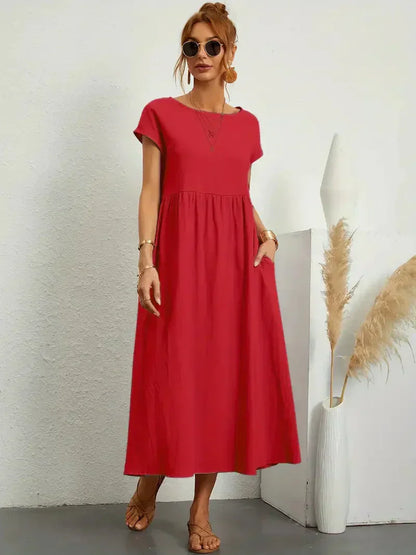CM | Vestido largo de mujer - Corte relajado - Mangas cortas - Cintura fruncida - Mezcla transpirable