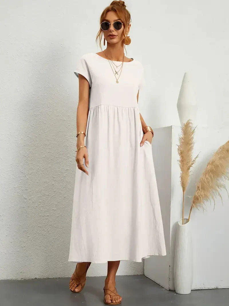 CM | Vestido largo de mujer - Corte relajado - Mangas cortas - Cintura fruncida - Mezcla transpirable