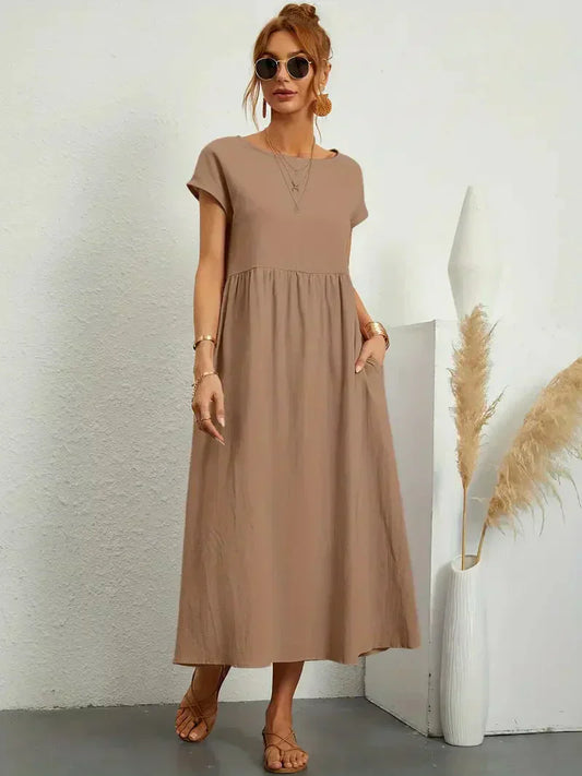 CM | Vestido largo de mujer - Corte relajado - Mangas cortas - Cintura fruncida - Mezcla transpirable