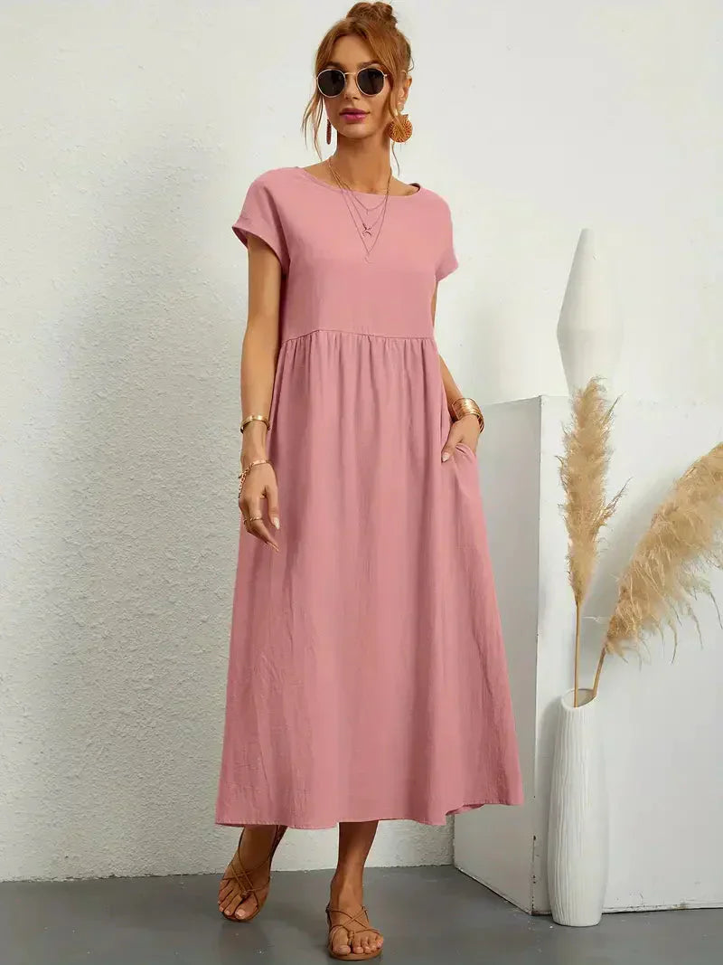 CM | Vestido largo de mujer - Corte relajado - Mangas cortas - Cintura fruncida - Mezcla transpirable