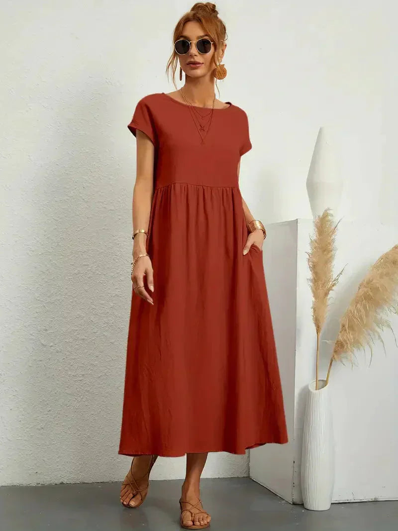 CM | Vestido largo de mujer - Corte relajado - Mangas cortas - Cintura fruncida - Mezcla transpirable