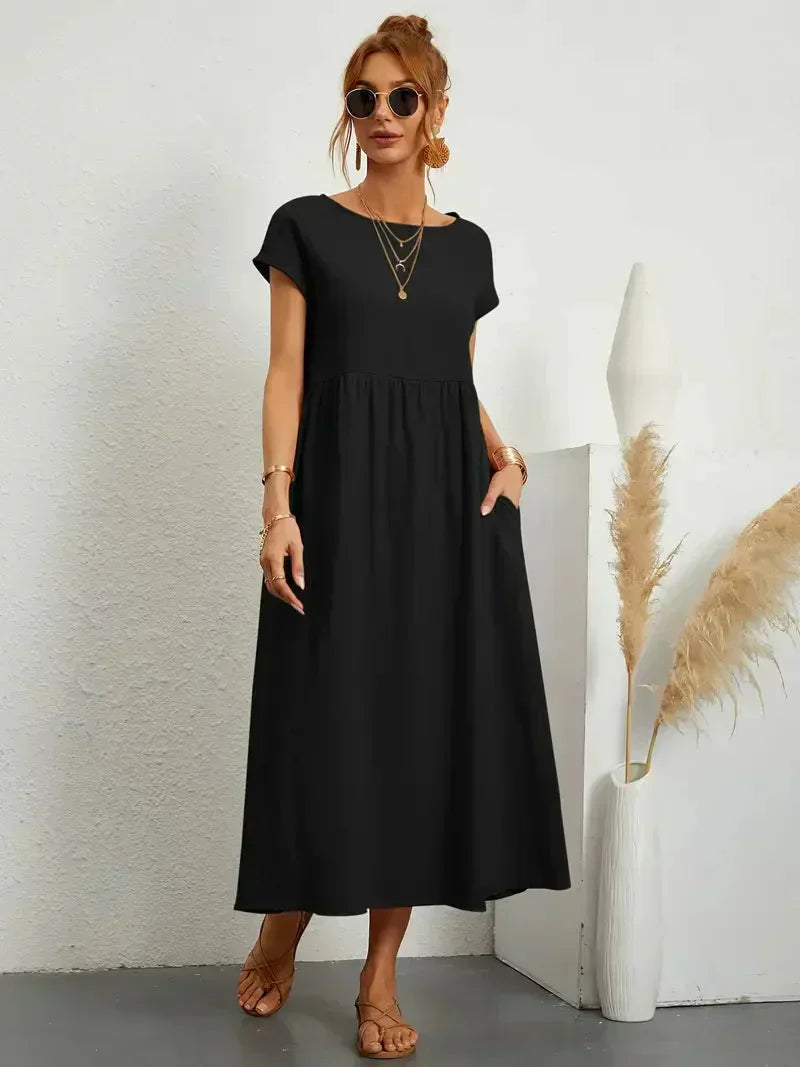 CM | Vestido largo de mujer - Corte relajado - Mangas cortas - Cintura fruncida - Mezcla transpirable