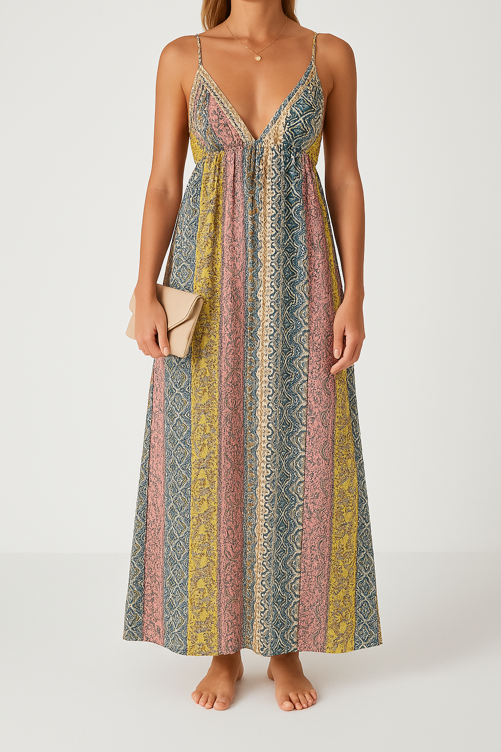 CM | Maxivestido de mujer - Mezcla de algodón - Corte holgado - Cuello de pico - Espalda descubierta - Estampado