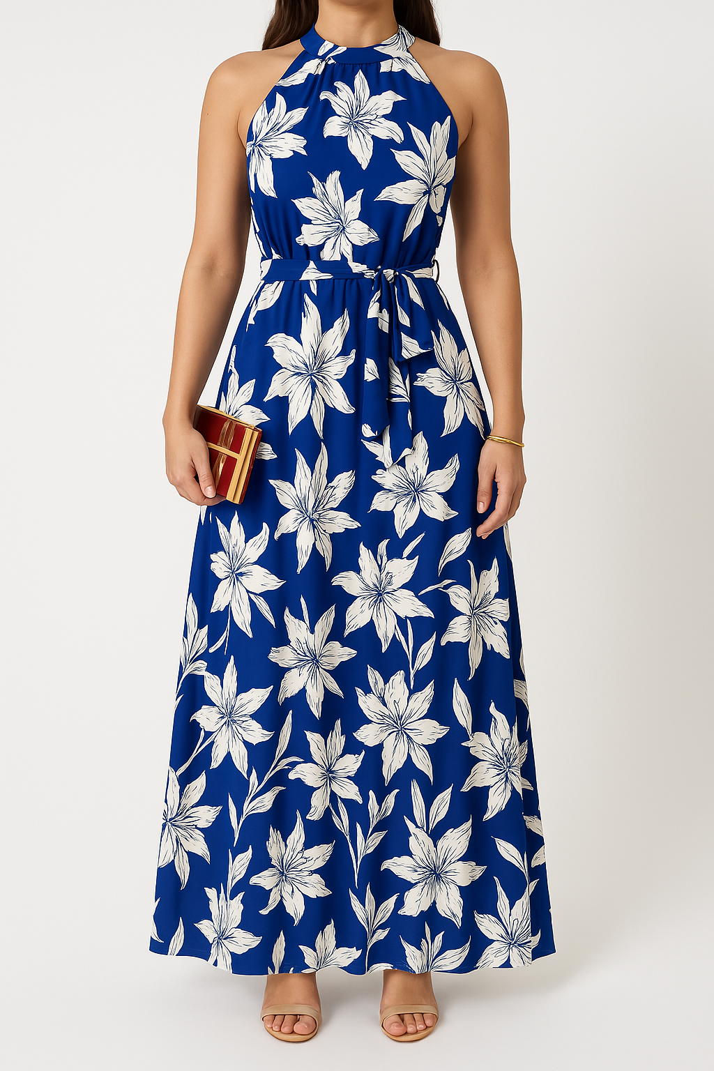 CM | Ladies Vestido maxi halter - estampado floral - dobladillo fruncido - lazo en la cintura - corte elegante