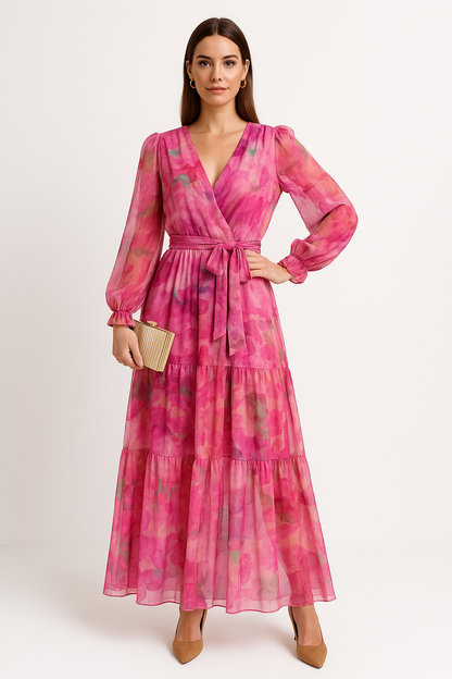 CM | Vestido largo para mujer - escote en V - cinturón en la cintura - falda con vuelo - mangas largas transparentes - corte en A