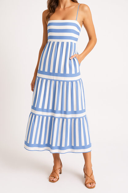 CM | Vestido de tirantes para mujer - Algodón ligero - Corte en A - Maxivestido de rayas