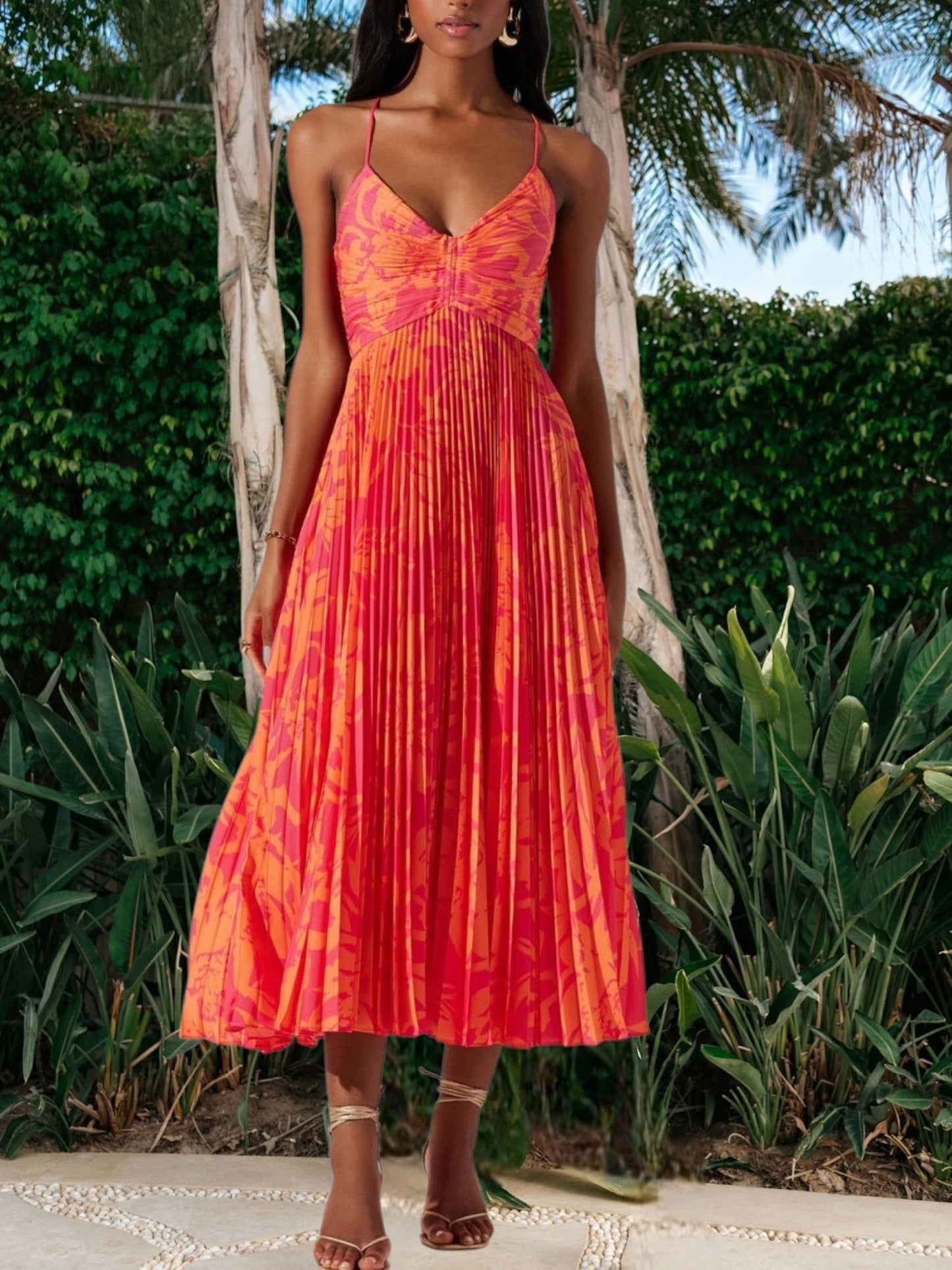 CM | Elegante vestido midi para mujer con estampado floral, pliegues y tejido transpirable