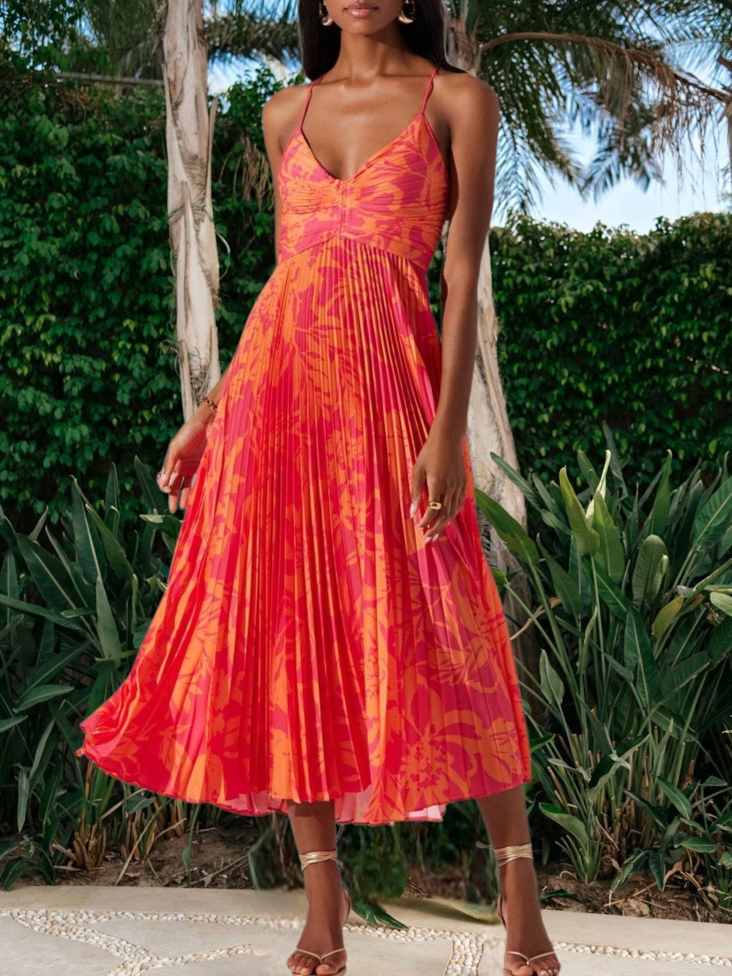 CM | Elegante vestido midi para mujer con estampado floral, pliegues y tejido transpirable