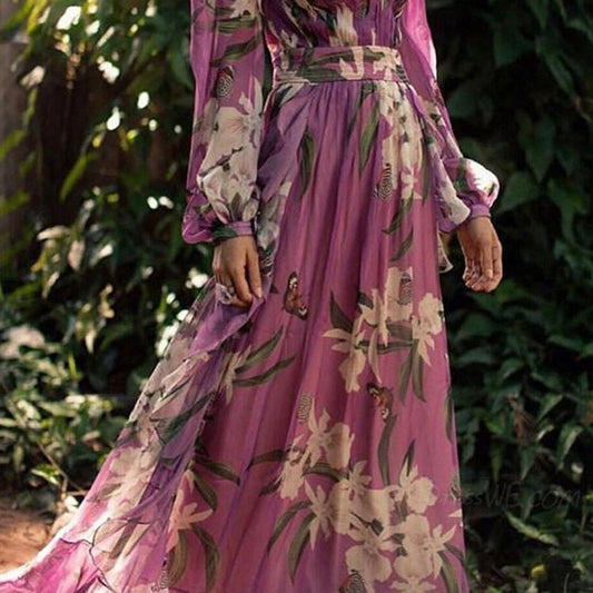 CM | maxi vestido de mujer - cuello en V - entallado - manga larga - ligero diseño floral