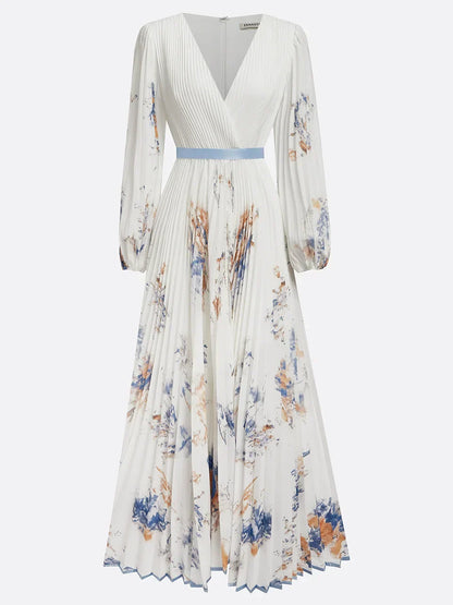 CM | Elegante maxi vestido con mangas abullonadas y escote en V