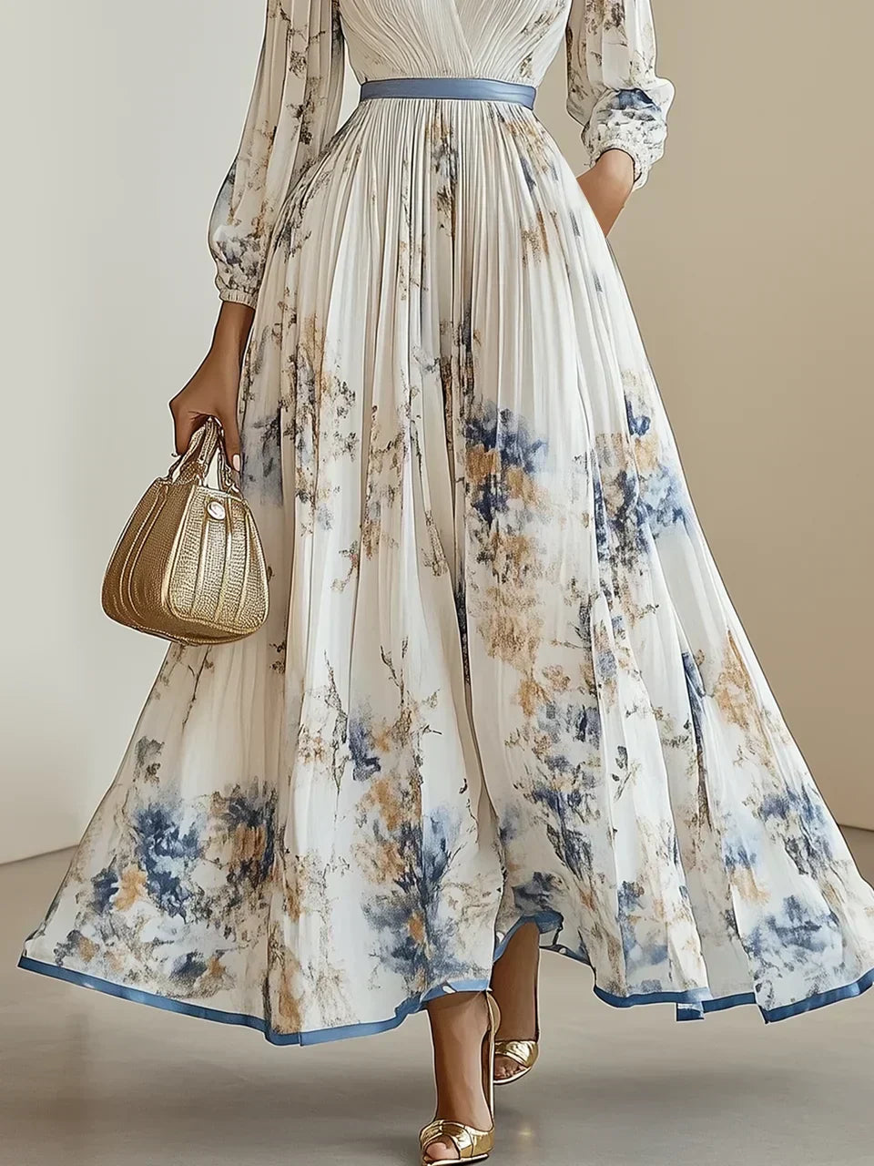 CM | Elegante maxi vestido con mangas abullonadas y escote en V