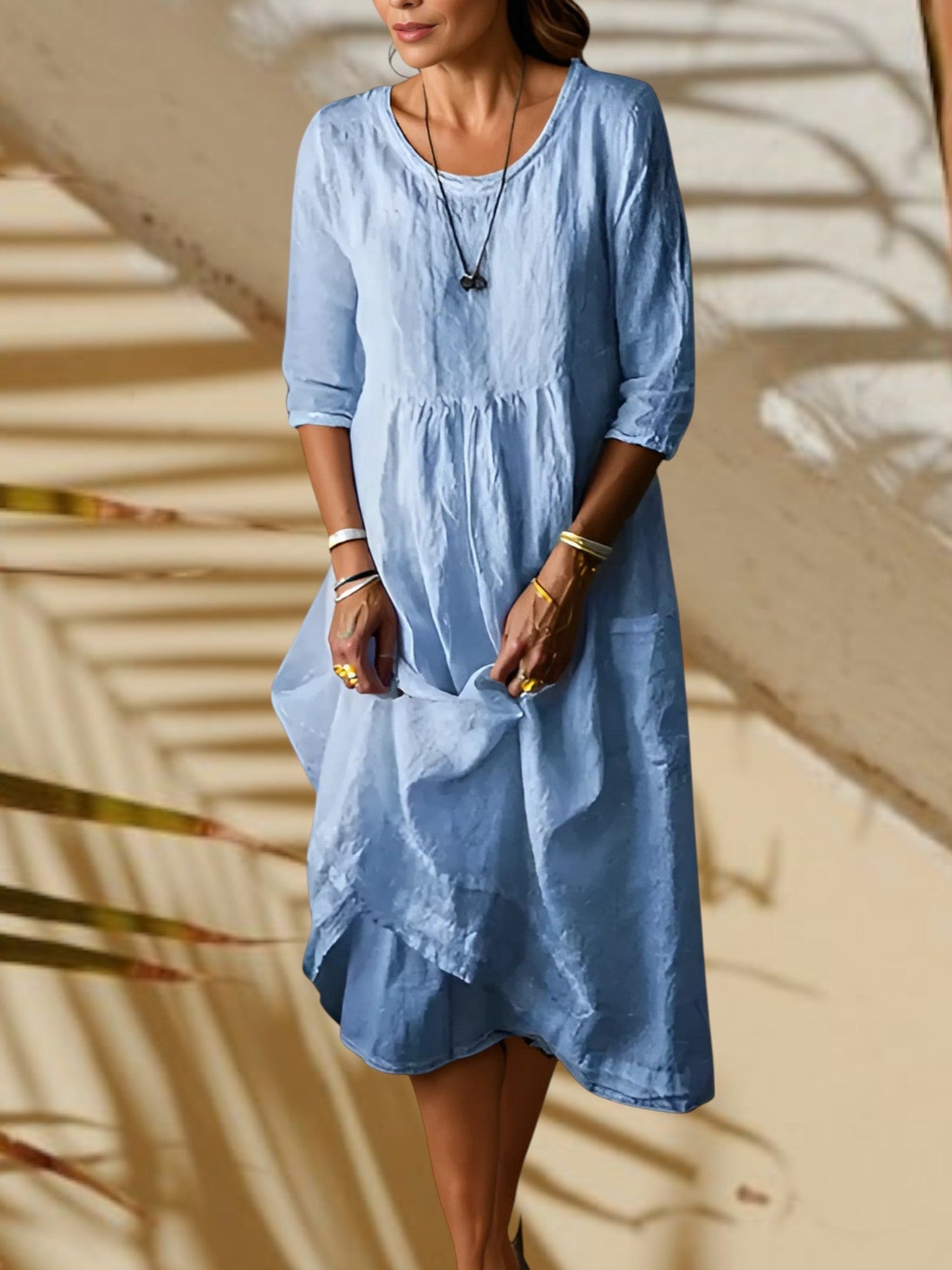CM | Vestido midi de mujer con mangas 3/4 y cuello redondo