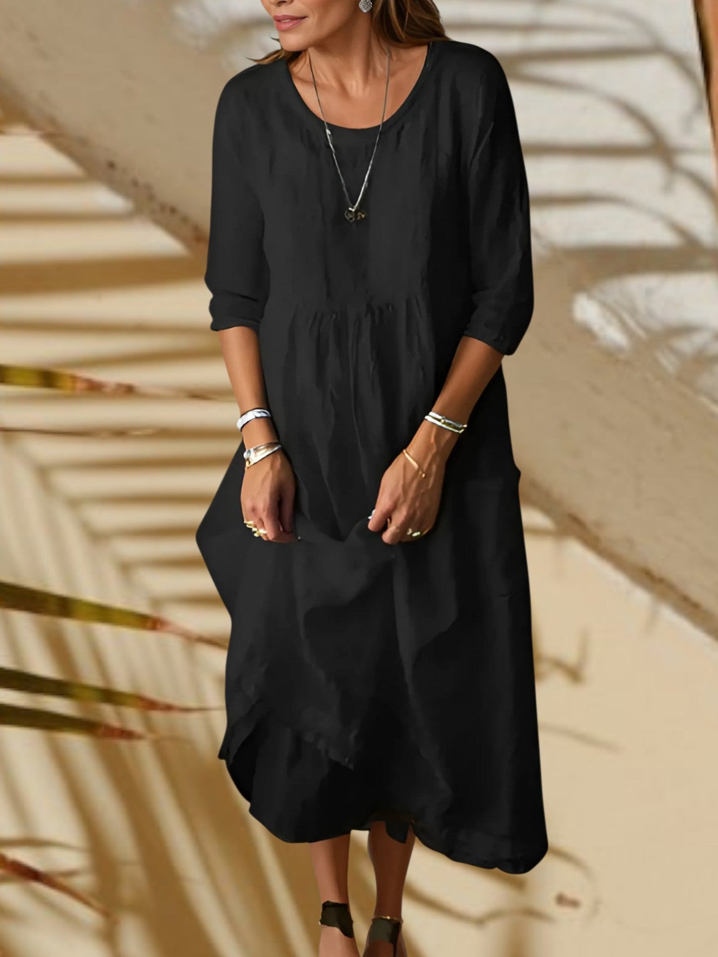 CM | Vestido midi de mujer con mangas 3/4 y cuello redondo
