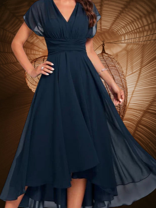 CM | Vestido midi de señora con cuello en V, manga corta y falda entallada