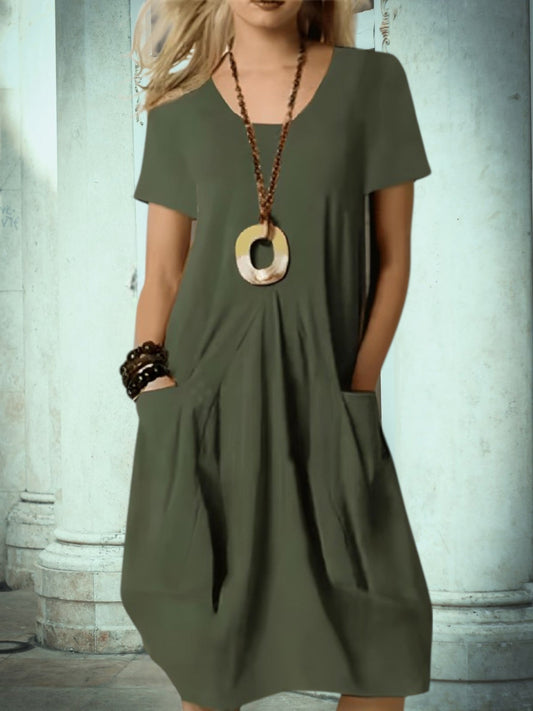 CM | Vestido midi de verano para mujer con escote redondo y bolsillos