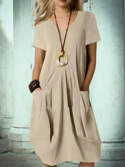 CM | Vestido midi de verano para mujer con escote redondo y bolsillos