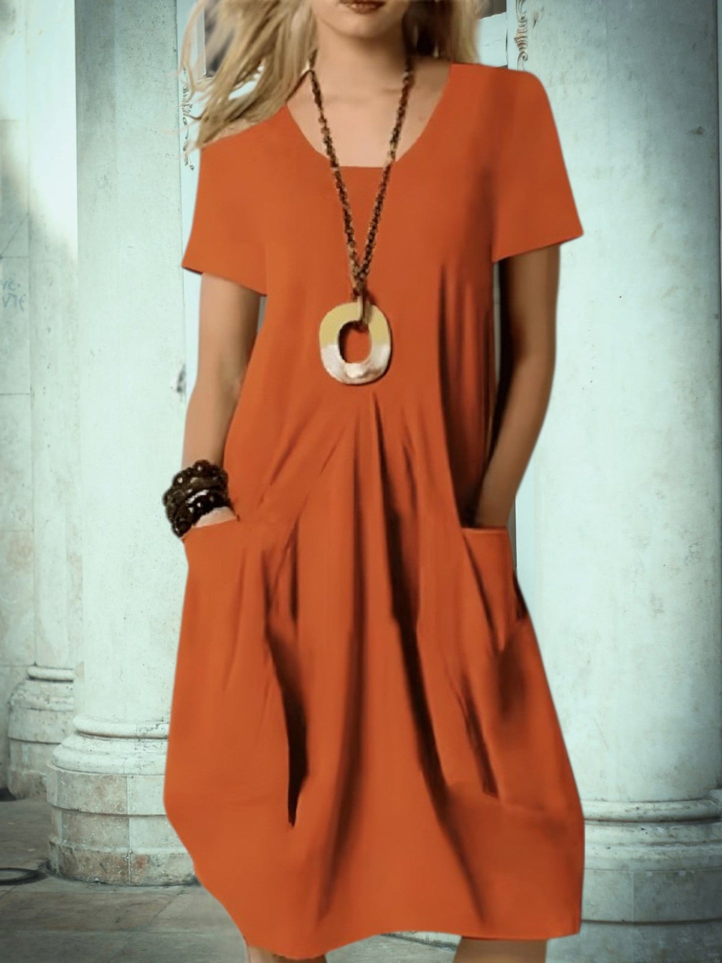CM | Vestido midi de verano para mujer con escote redondo y bolsillos