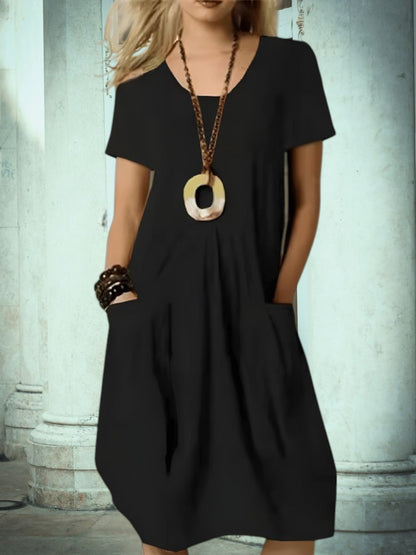 CM | Vestido midi de verano para mujer con escote redondo y bolsillos