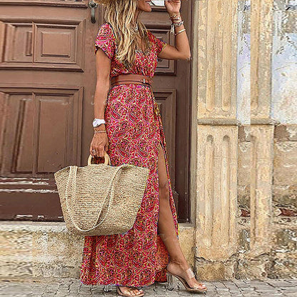 CM | Maxivestido de mujer - Estampado paisley - Cuello en pico - Mangas cortas - Ajuste con cinturón - Abertura lateral