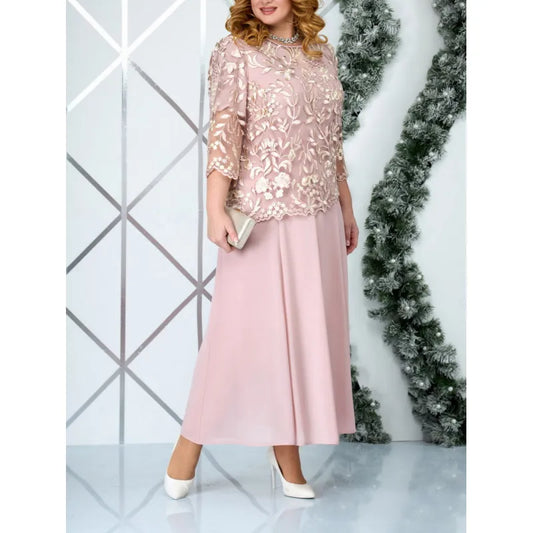 CM | maxi vestido formal de mujer - Corpiño de encaje floral - Corte vaporoso - Mangas 3/4