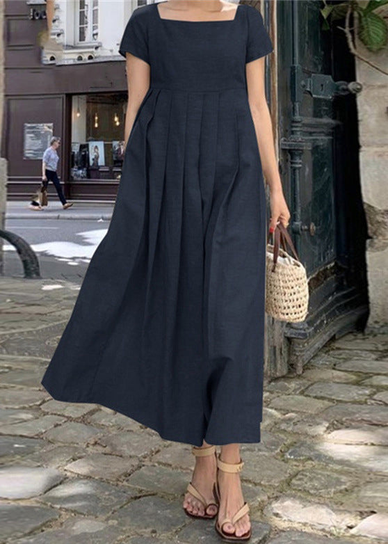 CM | Albaricoque Cuello Cuadrado Plisado ConstrucciónMW | Vestido Largo Verano FF031